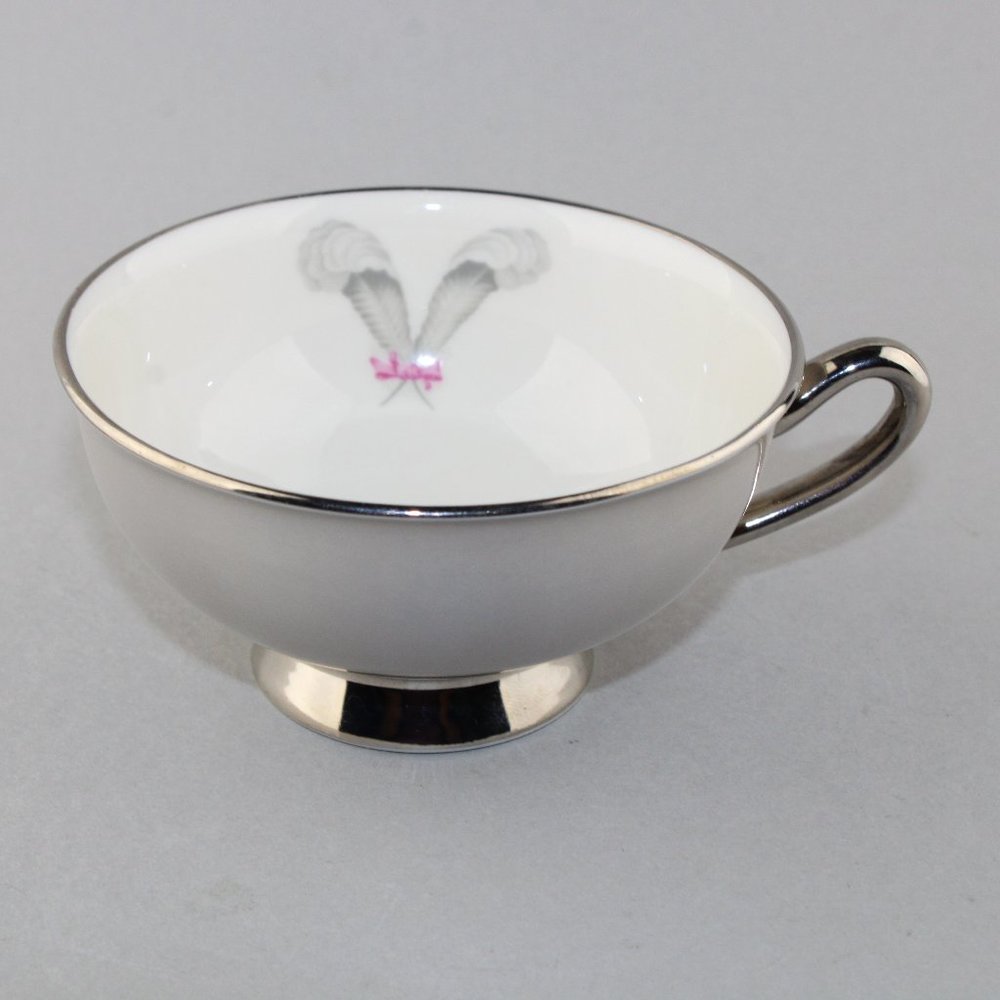 Syracuse China Coronet Pattern Footed Coffee Tea Cup - Gray Feathers w/ Pink Bow